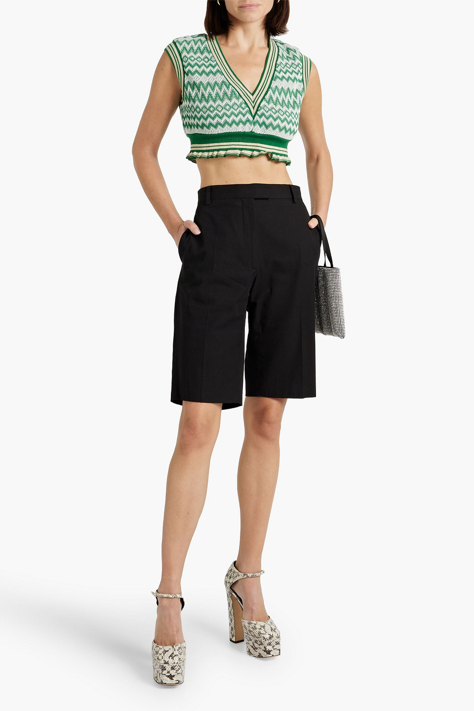 Anna Sui Cropped Jacquard-knit Cotton-blend Vest In Green