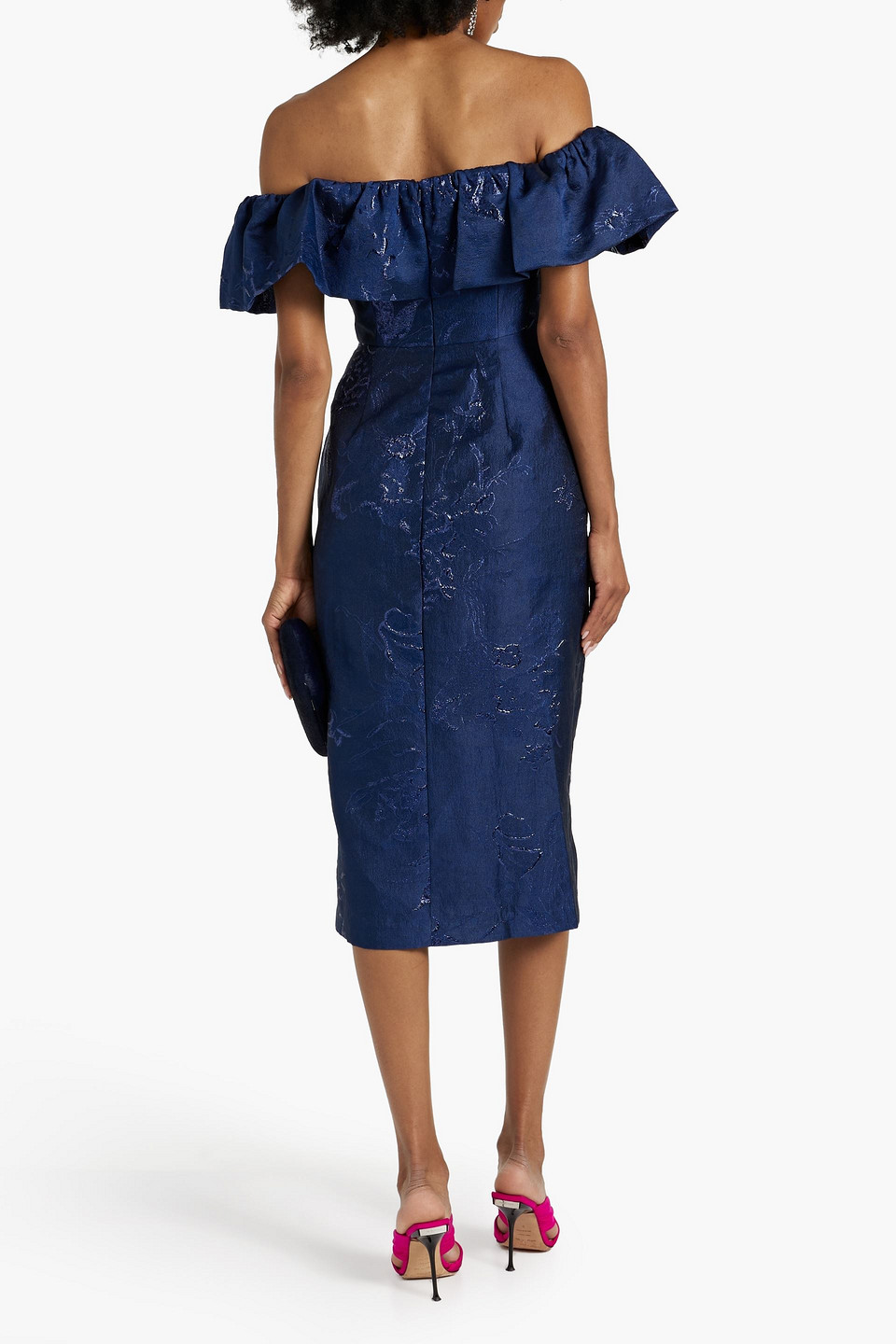 Shop ml Monique Lhuillier Off-the-shoulder Metallic Fil Coupé Cloqué Midi Dress In Navy