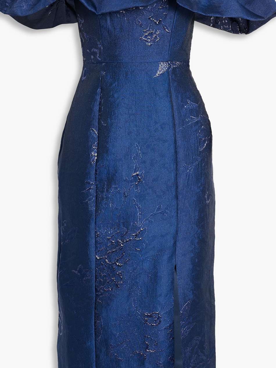 off-the-shoulder metallic fil coupé cloqué midi dress