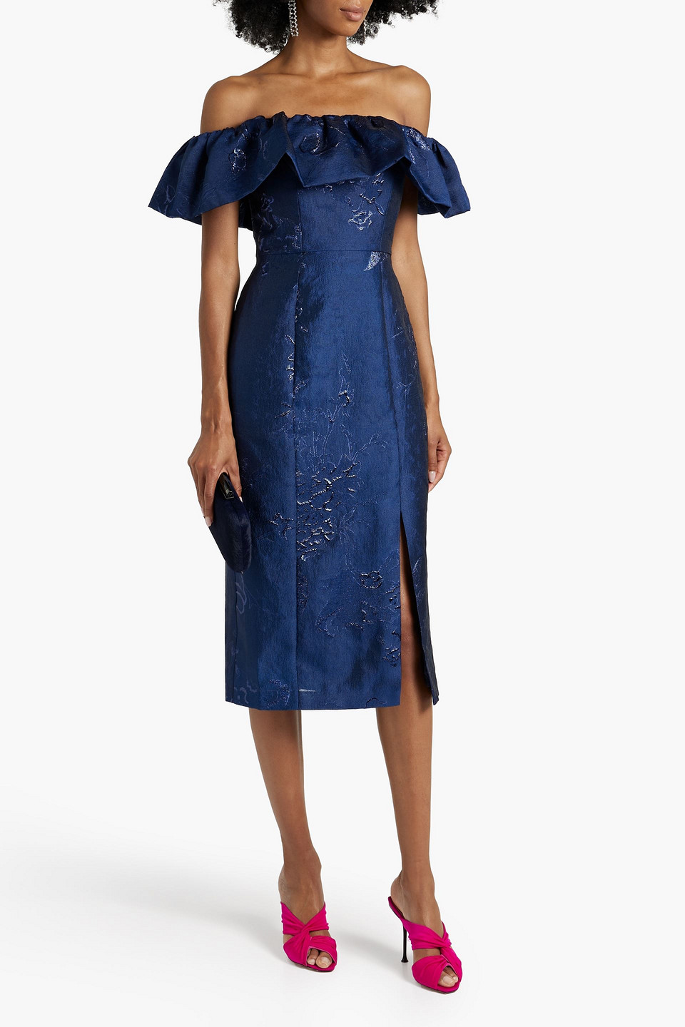 Shop ml Monique Lhuillier Off-the-shoulder Metallic Fil Coupé Cloqué Midi Dress In Navy