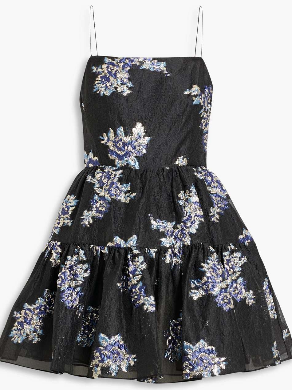 tiered metallic cloqué mini dress