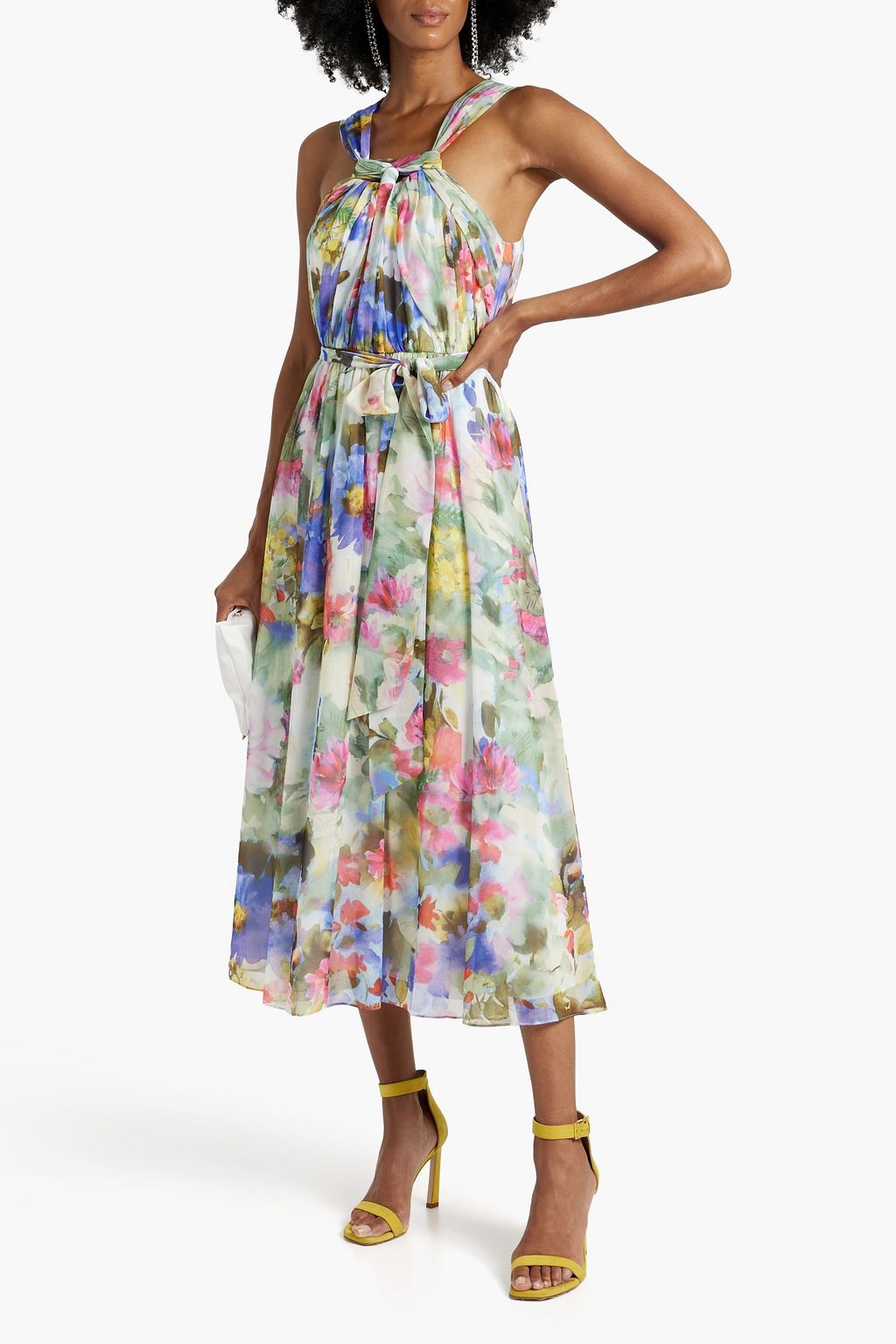 BADGLEY MISCHKA Gathered floral-print chiffon midi dress | THE OUTNET