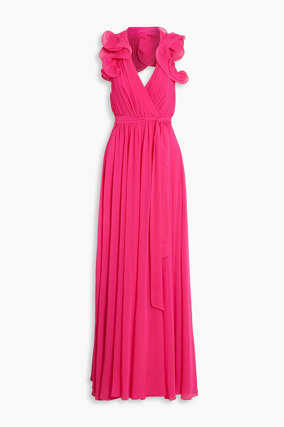 Badgley Mischka Pleated Chiffon Halterneck Maxi Dress In Fuchsia