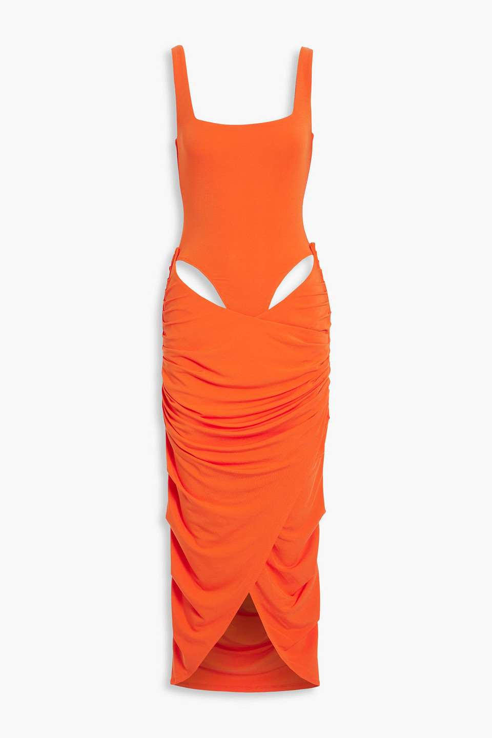 Shop Paris Georgia Mariah Ruched Cutout Stretch-tencel™ Jersey Maxi Dress In Bright Orange