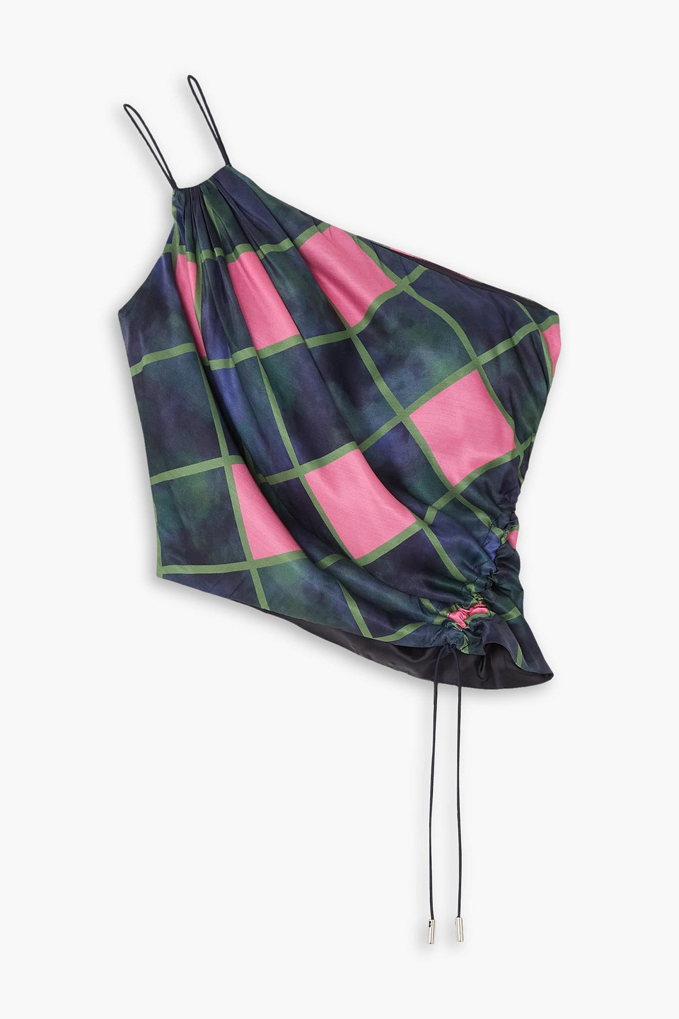 Ahluwalia Patel One-shoulder Draped Printed Satin Top In Navy