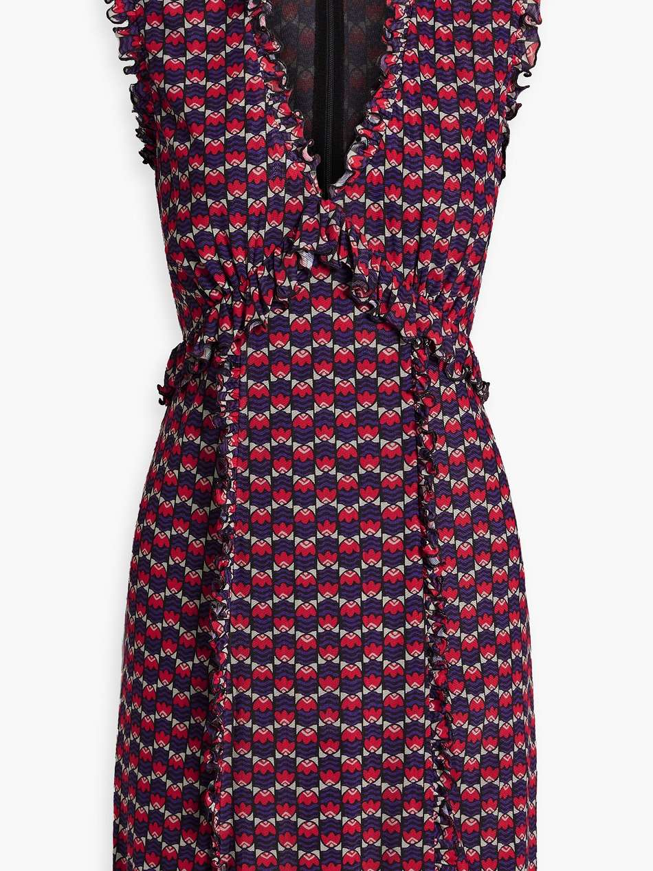 ruffle-trimmed printed mesh mini dress