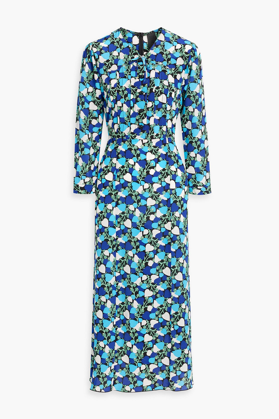 Anna Sui Pintucked Floral-print Silk-crepe Midi Dress In Turquoise