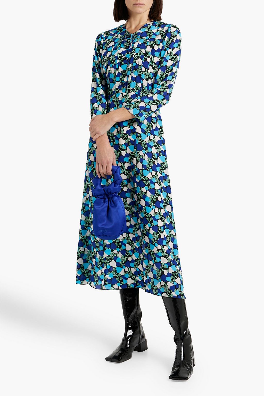 ANNA SUI シルククレープ ミディワンピース ピンタック入り フローラルプリント