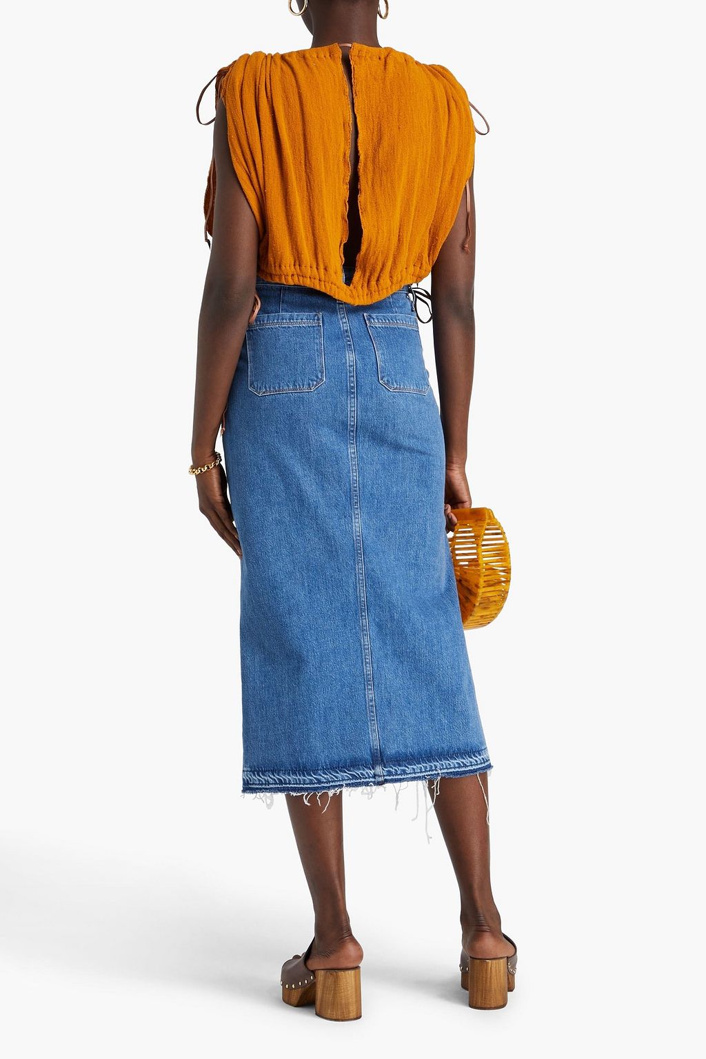 CARAVANA Leather-trimmed cutout cotton-gauze top