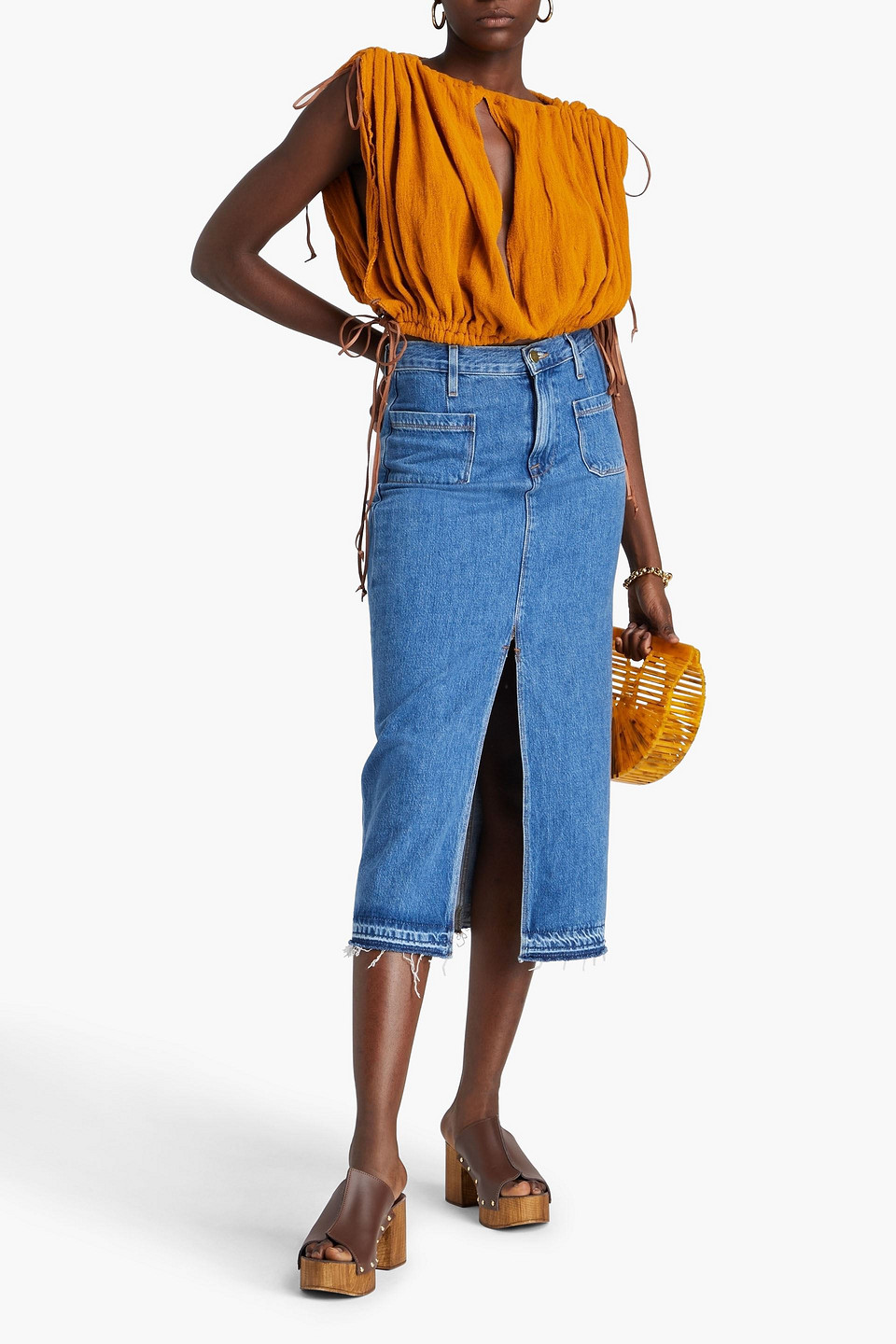 CARAVANA CHIOPLE LEATHER-TRIMMED CUTOUT COTTON-GAUZE TOP 3074457345637541189