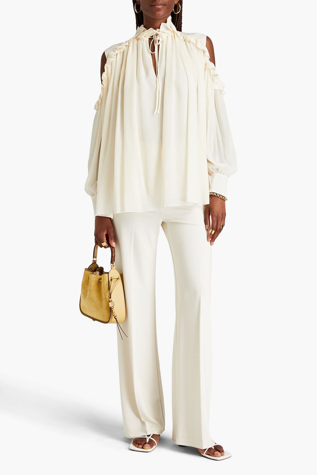 CHLOÉ Cold-shoulder ruffle-trimmed silk crepe de chine blouse