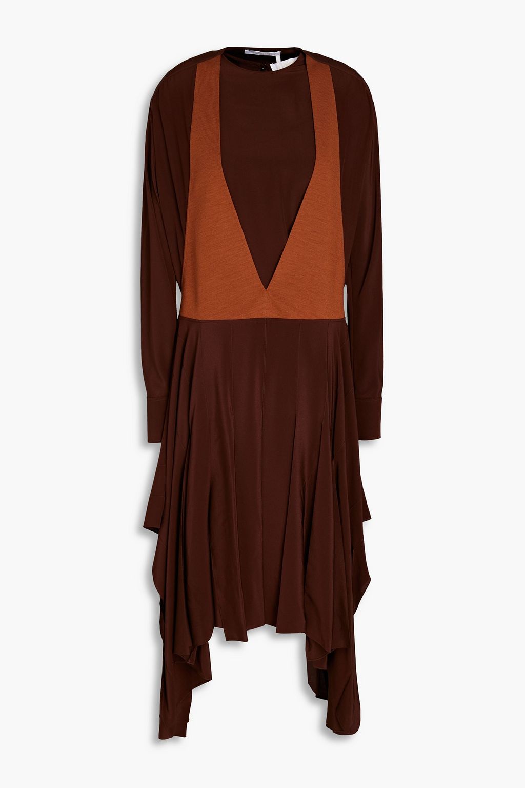 Two tone wool paneled silk crepe de chine midi dress chocolate One Size