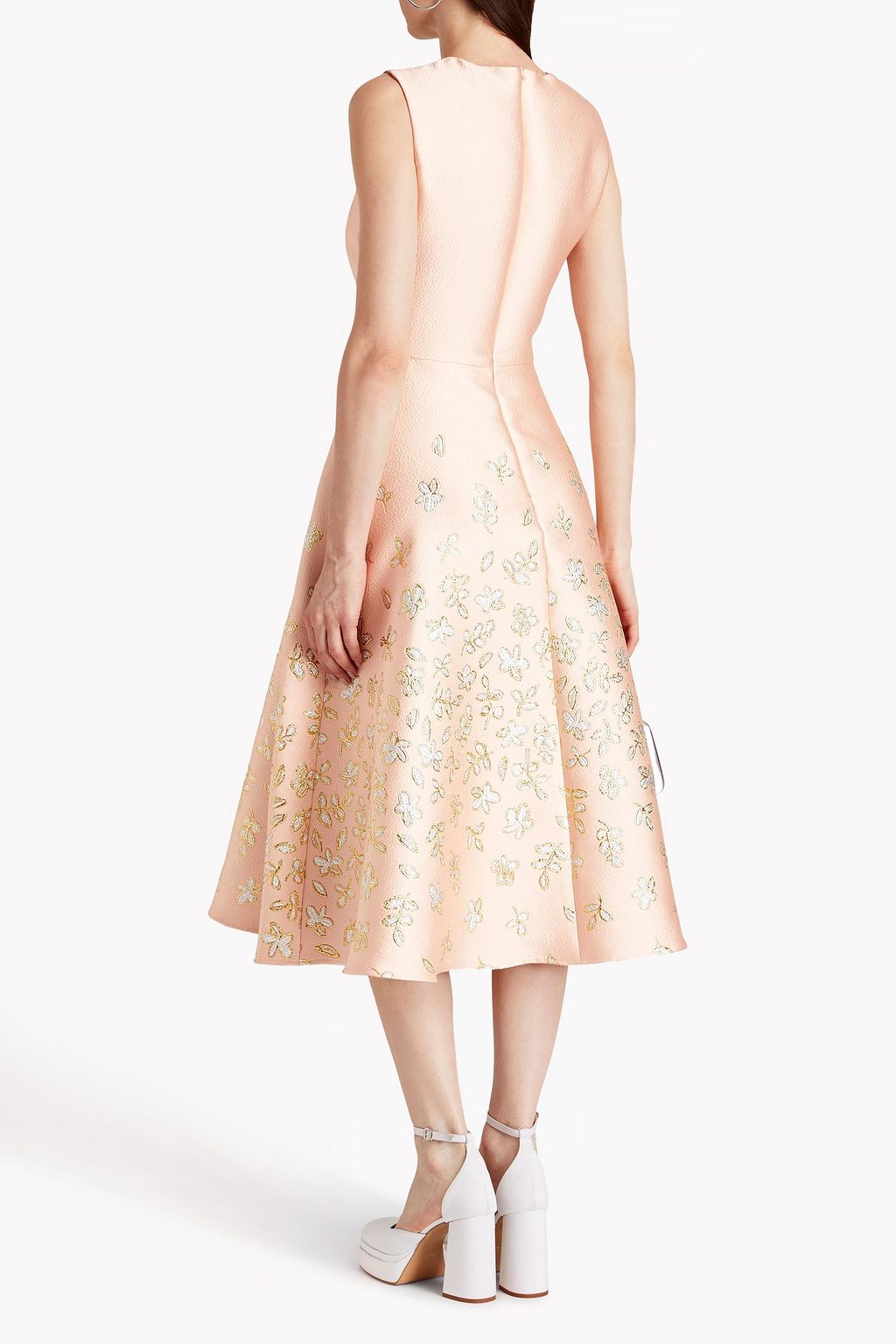 OSCAR DE LA RENTA 메탈릭 자수 장식 해머드 파유 미디 드레스