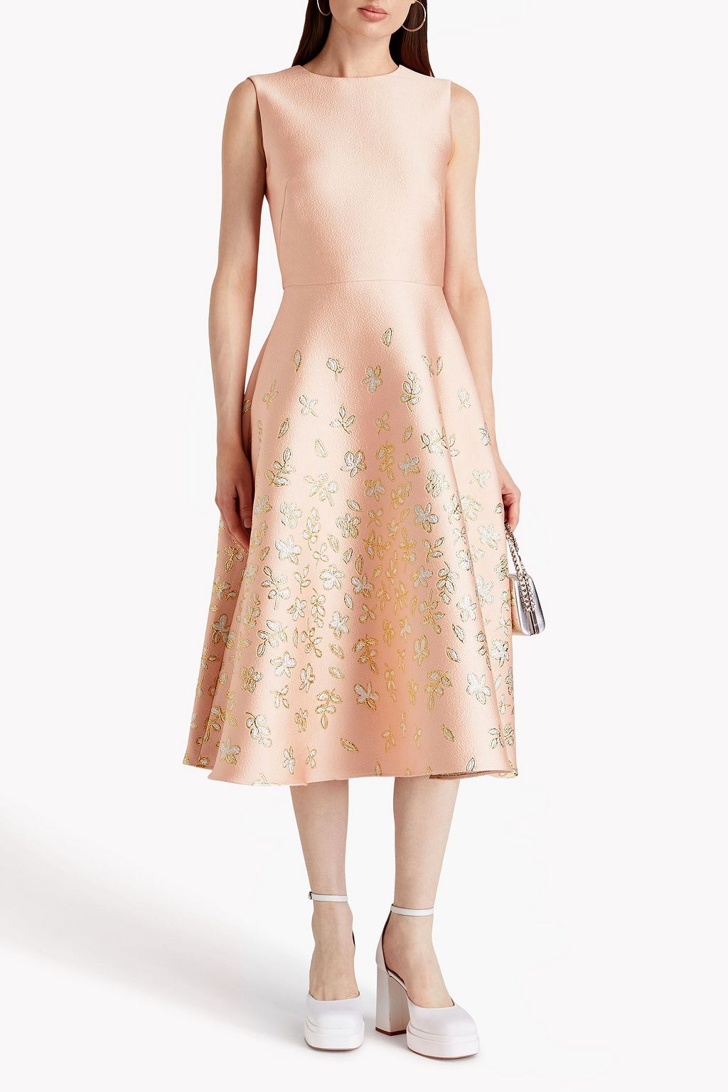 OSCAR DE LA RENTA 메탈릭 자수 장식 해머드 파유 미디 드레스