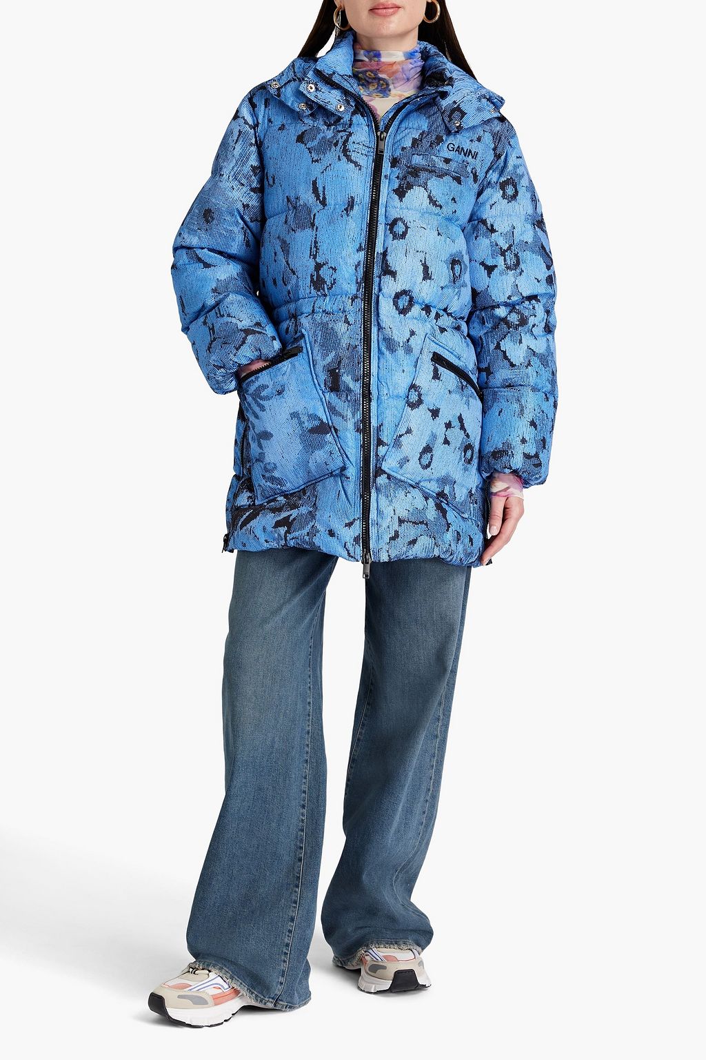 GANNI Margarita oversized quilted printed shell hooded jacket