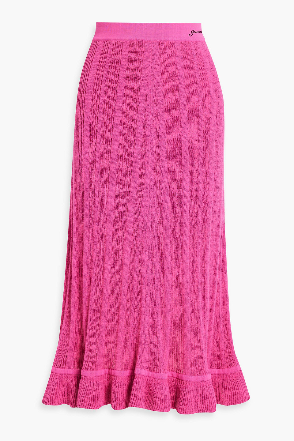 ganni - ruffled knitted midi skirt - pink - s