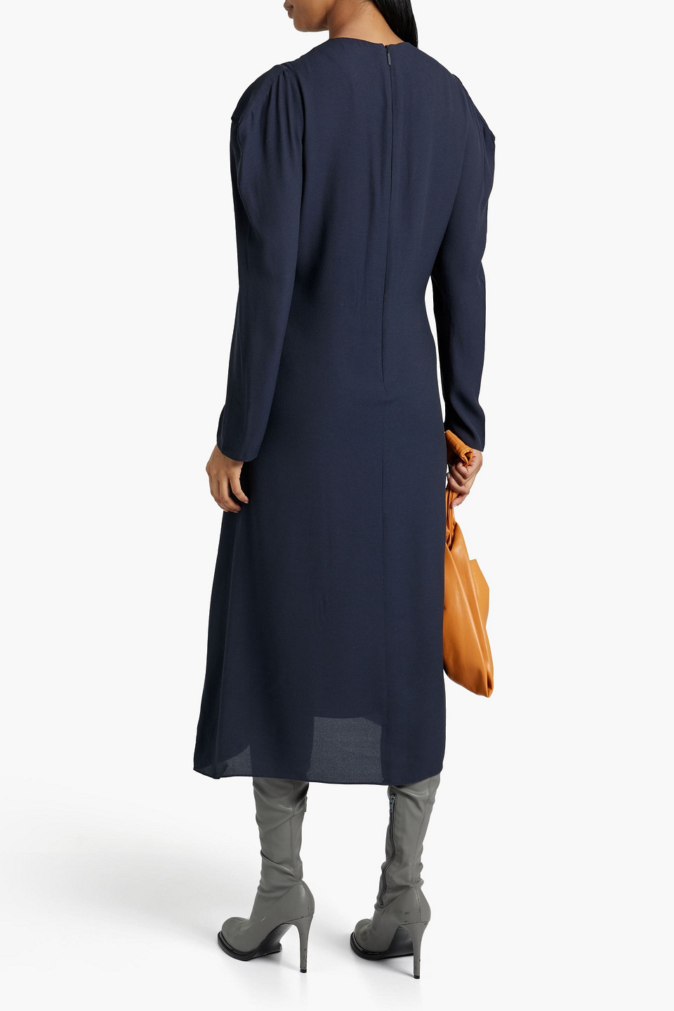 Shop Tibi Gathered Crepe De Chine Midi Dress In Midnight Blue