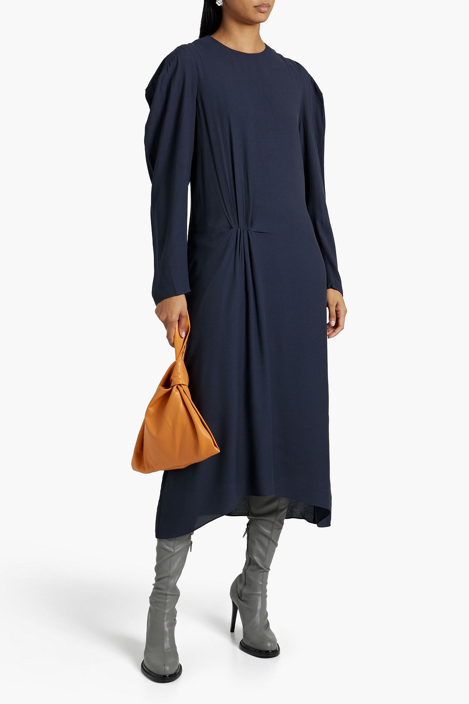 Shop Tibi Gathered Crepe De Chine Midi Dress In Midnight Blue