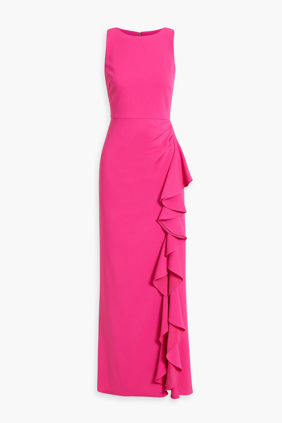 Badgley Mischka Draped Ruffled Crepe Gown In Strawberry