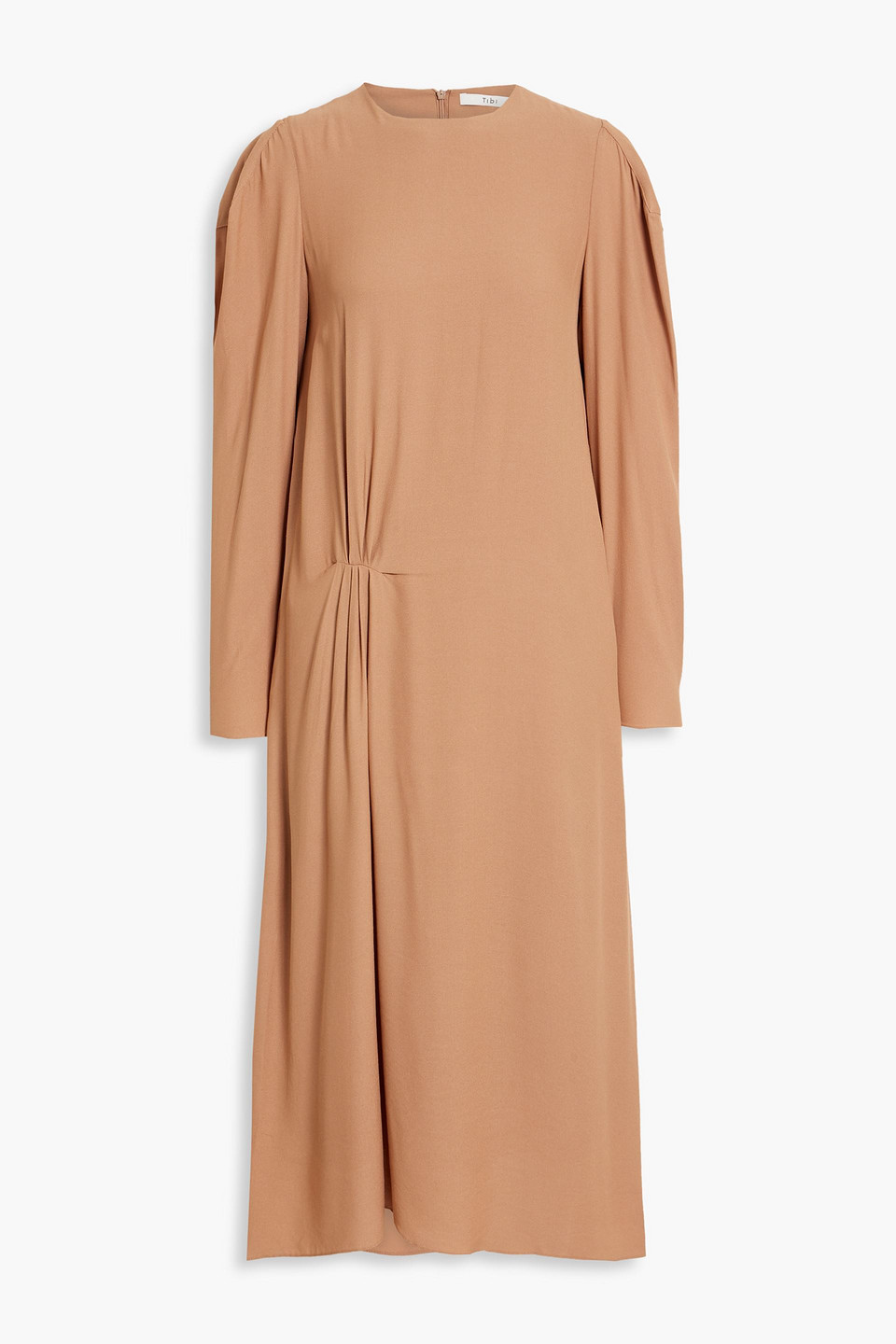 Tibi Pleated Crepe De Chine Midi Dress In Tan