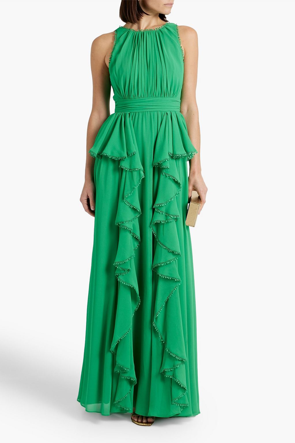 BADGLEY MISCHKA クレープ ミディワンピース かぎ針編みトリム ラッフル付き