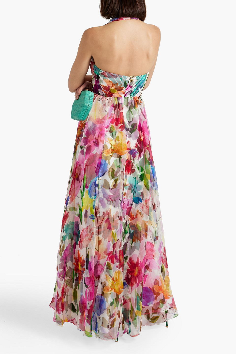 Shop Badgley Mischka Floral-print Silk-organza Halterneck Gown In Pink