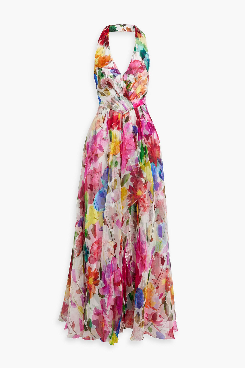 Badgley Mischka Floral-print Ruffle-trim Organza Halter Gown In White Multi