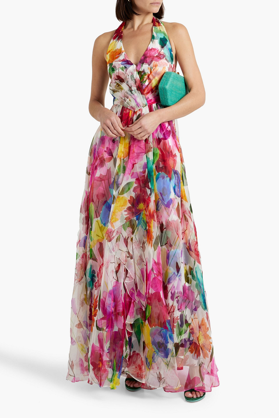 Shop Badgley Mischka Floral-print Silk-organza Halterneck Gown In Pink