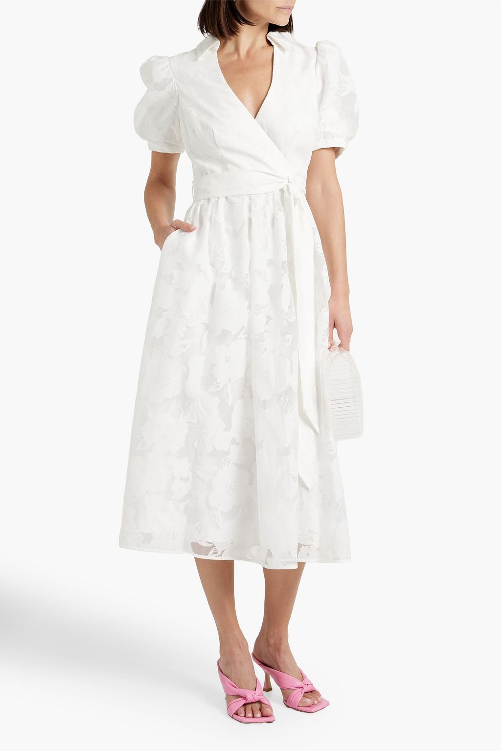 BADGLEY MISCHKA Wrap-effect devoré-organza midi dress