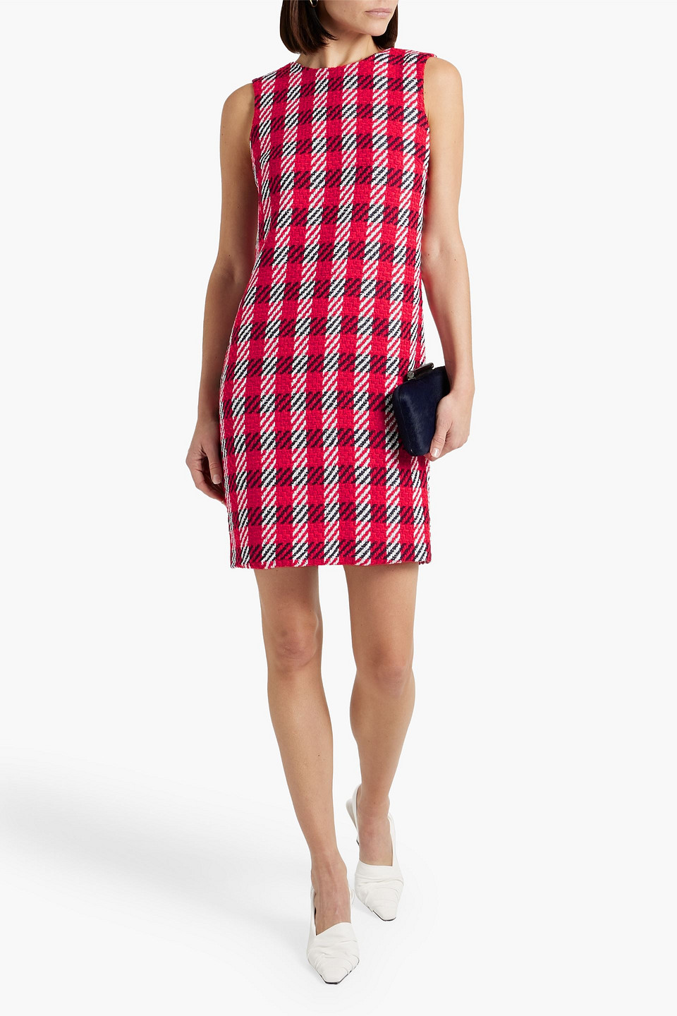 Shop Oscar De La Renta Checked Cotton-blend Tweed Mini Dress In Red