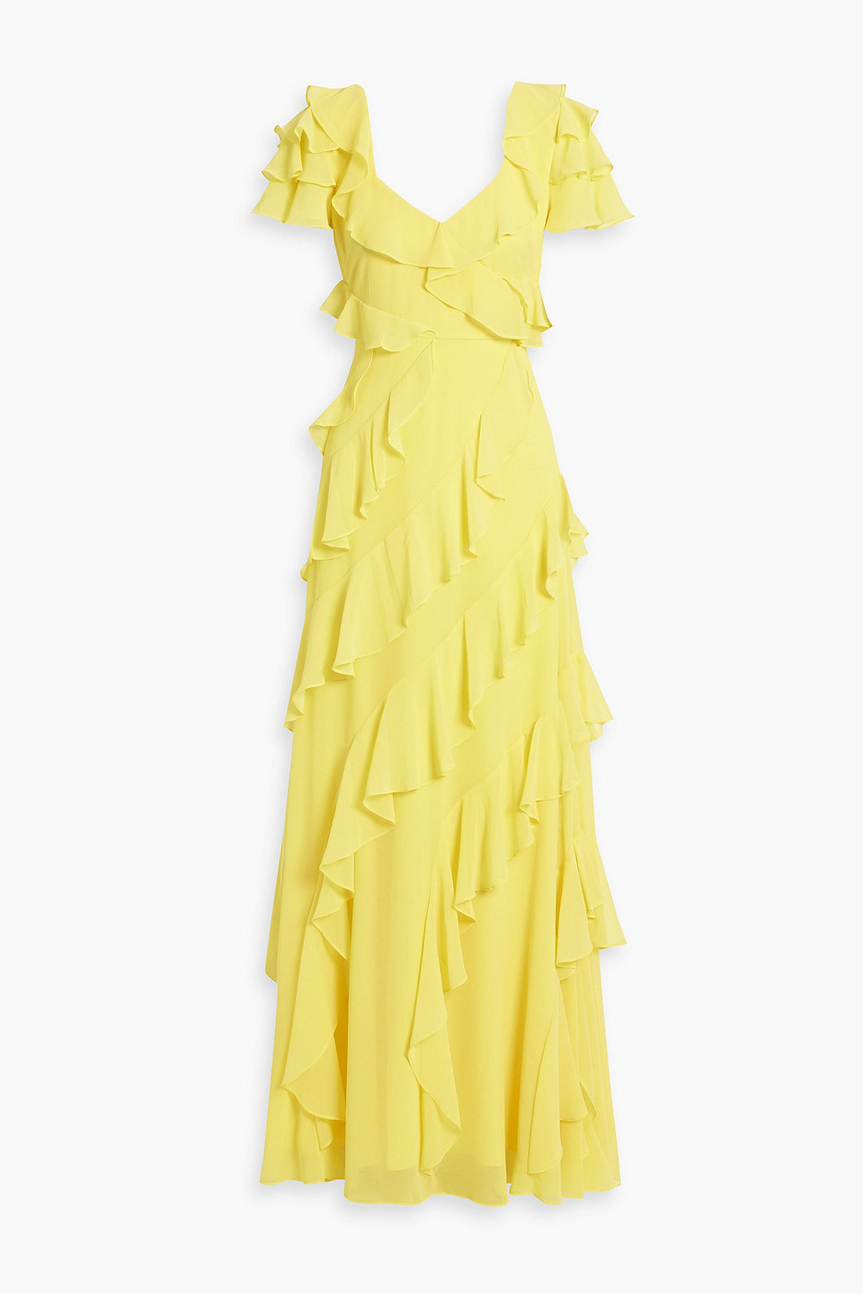 Badgley Mischka Ruffled Crepe Maxi Dress In Yellow