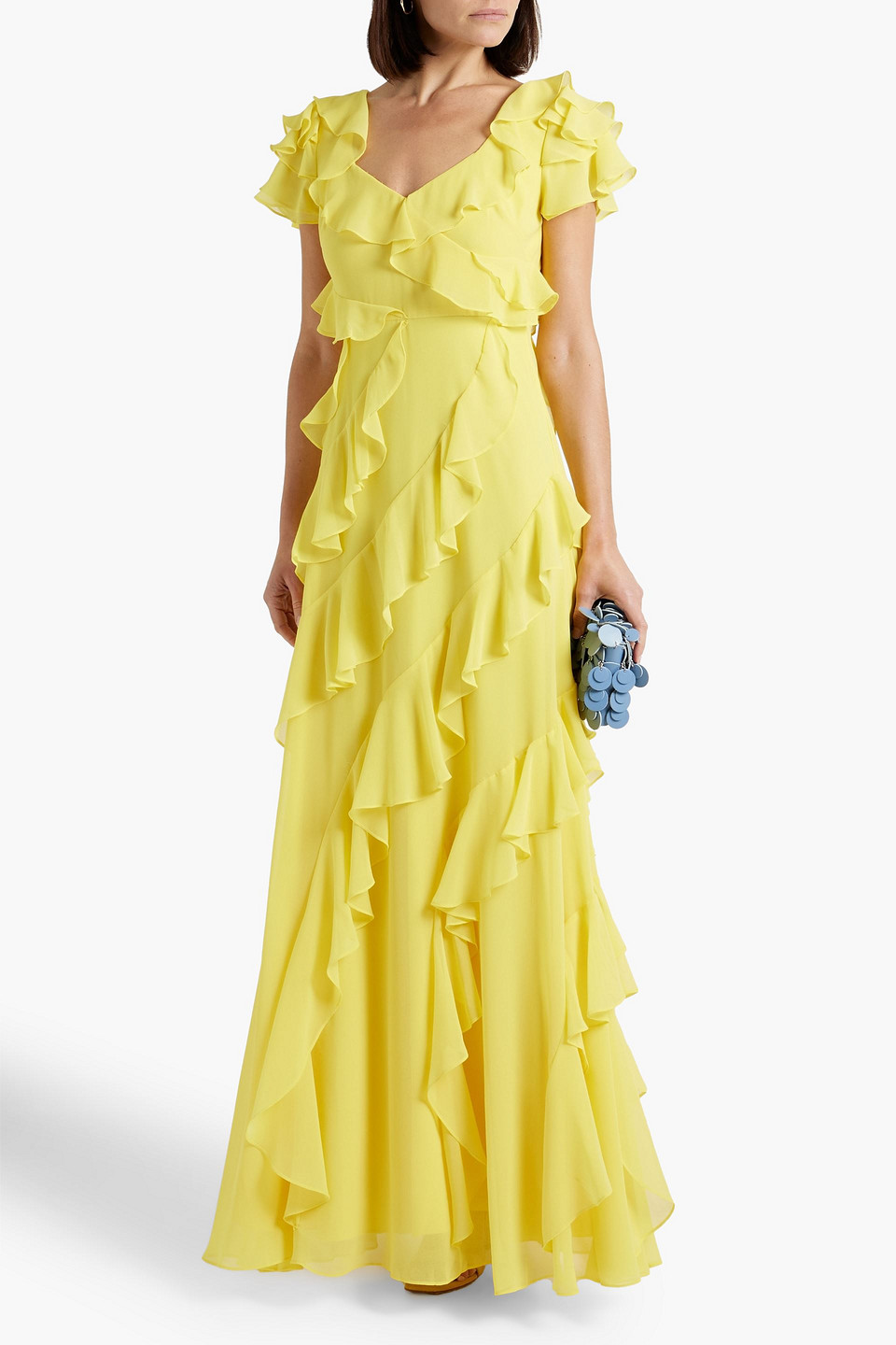 Shop Badgley Mischka Ruffled Crepe Maxi Dress In Yellow