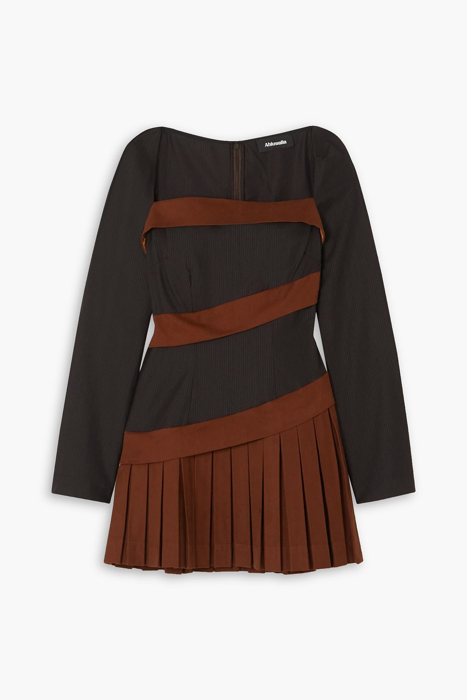 Shop Ahluwalia Nero Pleated Wool And Silk-blend Drill Mini Dress In Brown