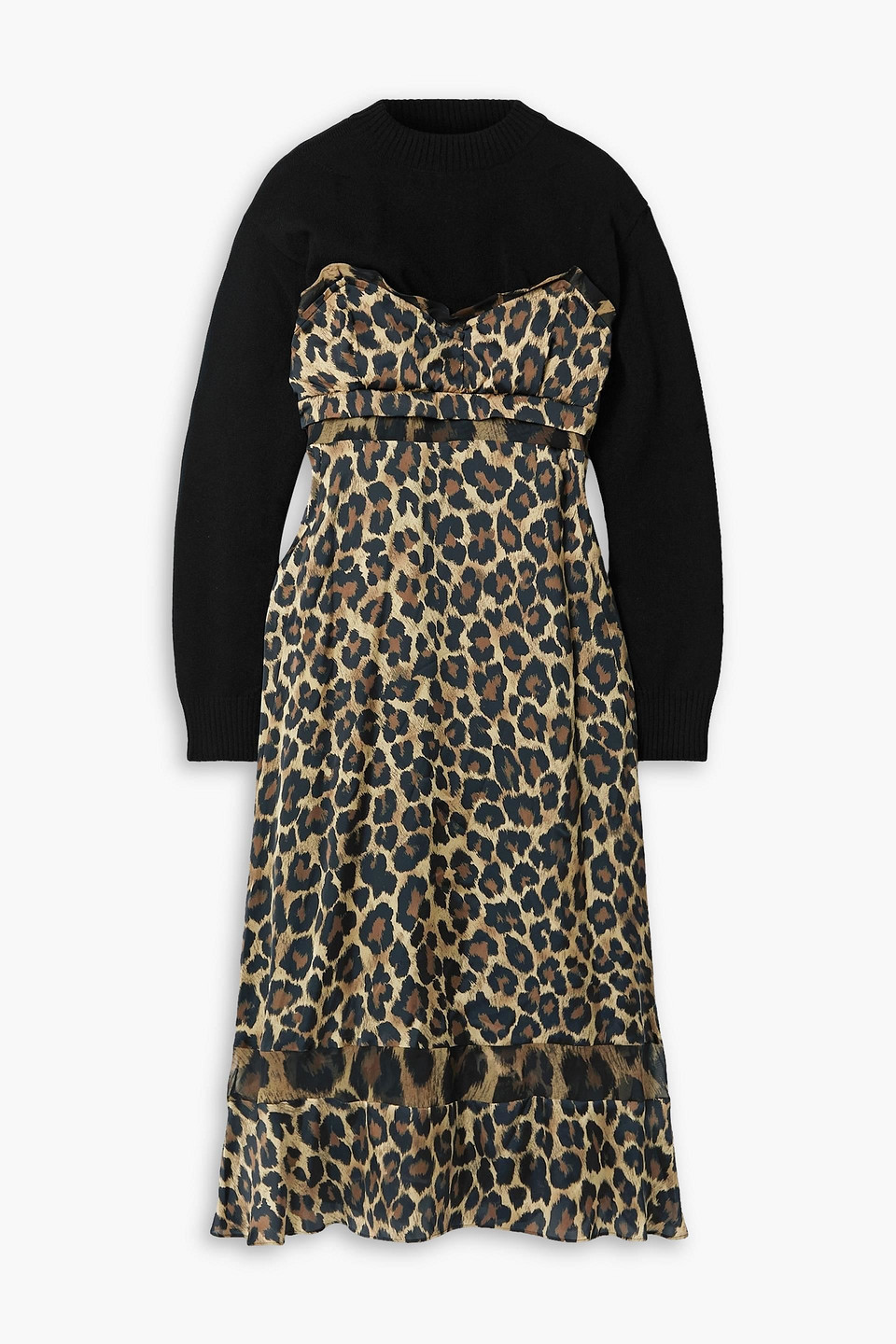 Sacai Wool And Leopard-print Crepe De Chine Midi Dress In Animal Print