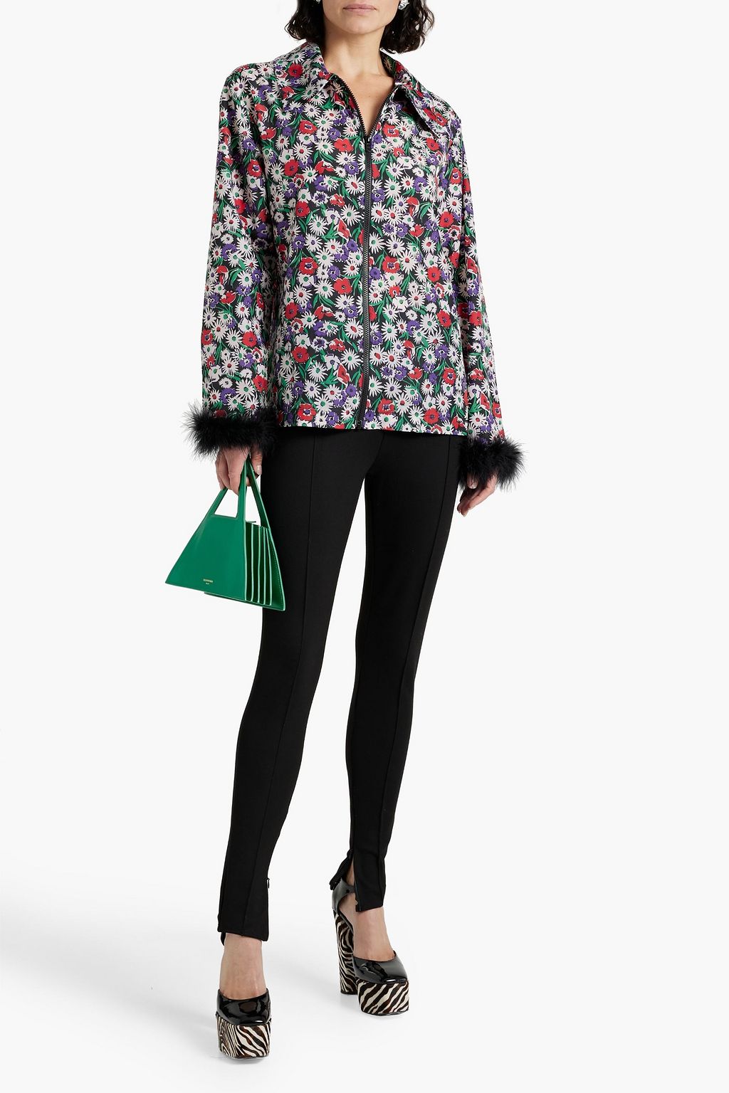 ANNA SUI Feather-trimmed floral-print shell jacket