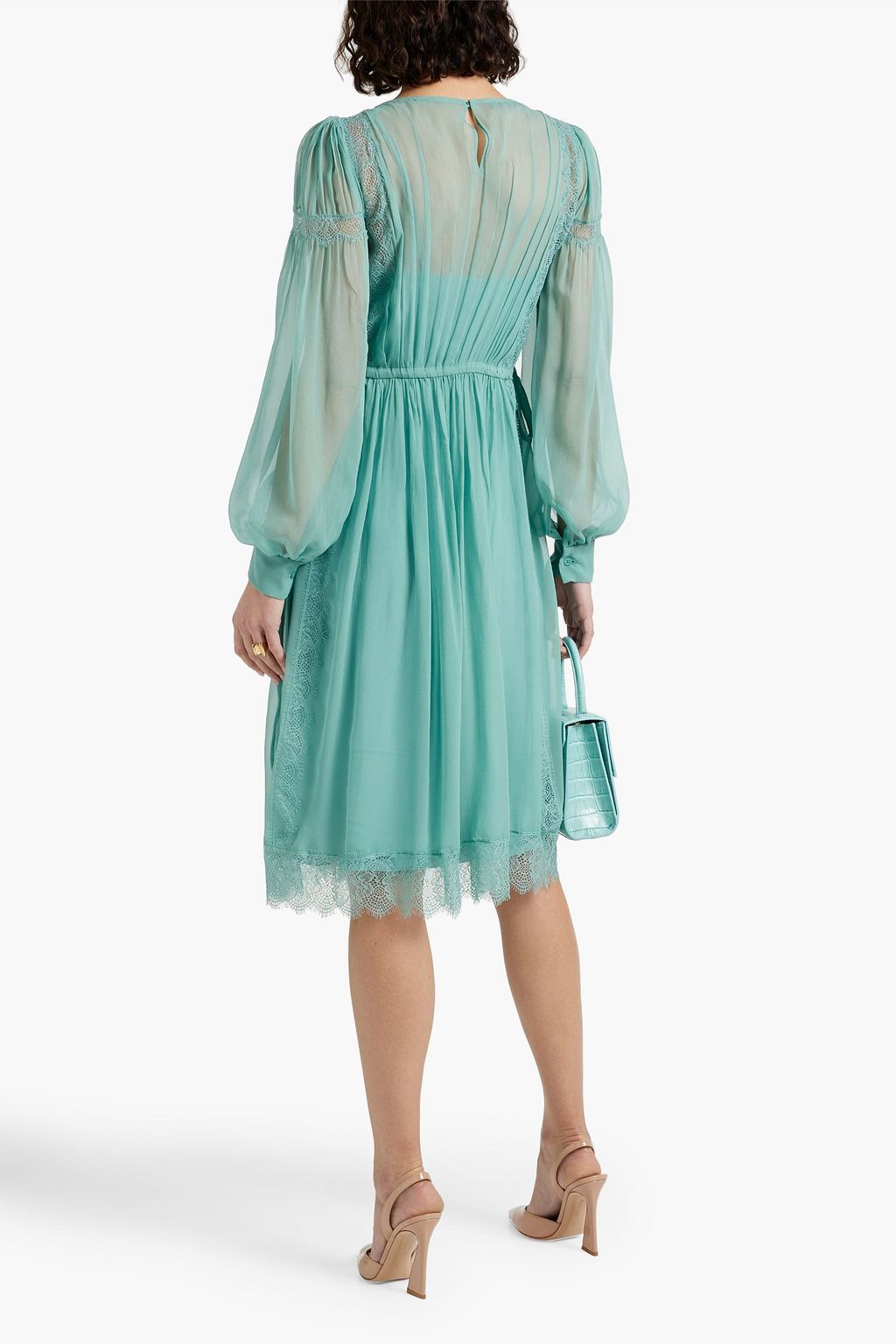 ALBERTA FERRETTI Lace-trimmed gathered silk-chiffon dress