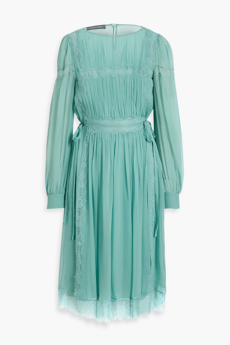 Alberta Ferretti Lace-trimmed Gathered Silk-chiffon Dress In Grey Green |  ModeSens