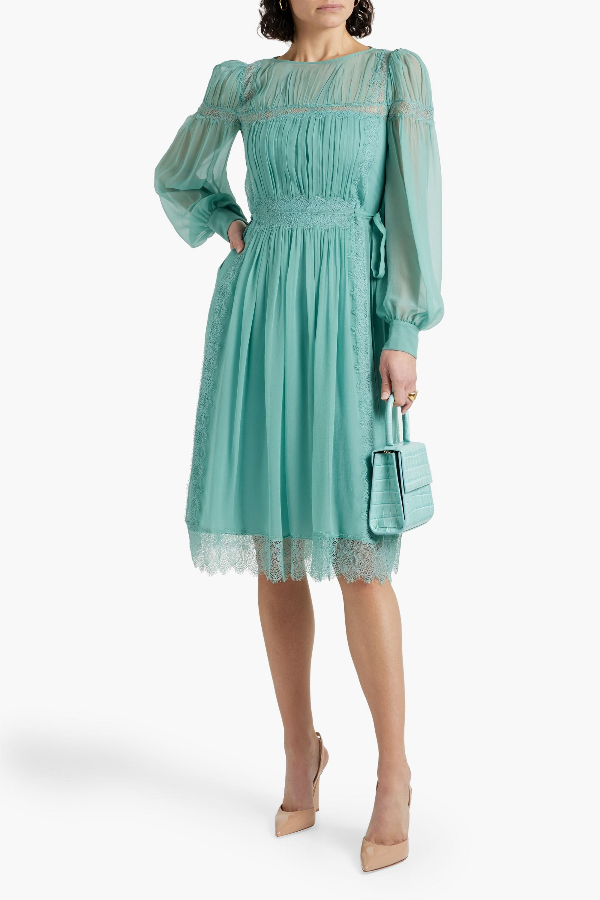 ALBERTA FERRETTI Lace-trimmed gathered silk-chiffon dress
