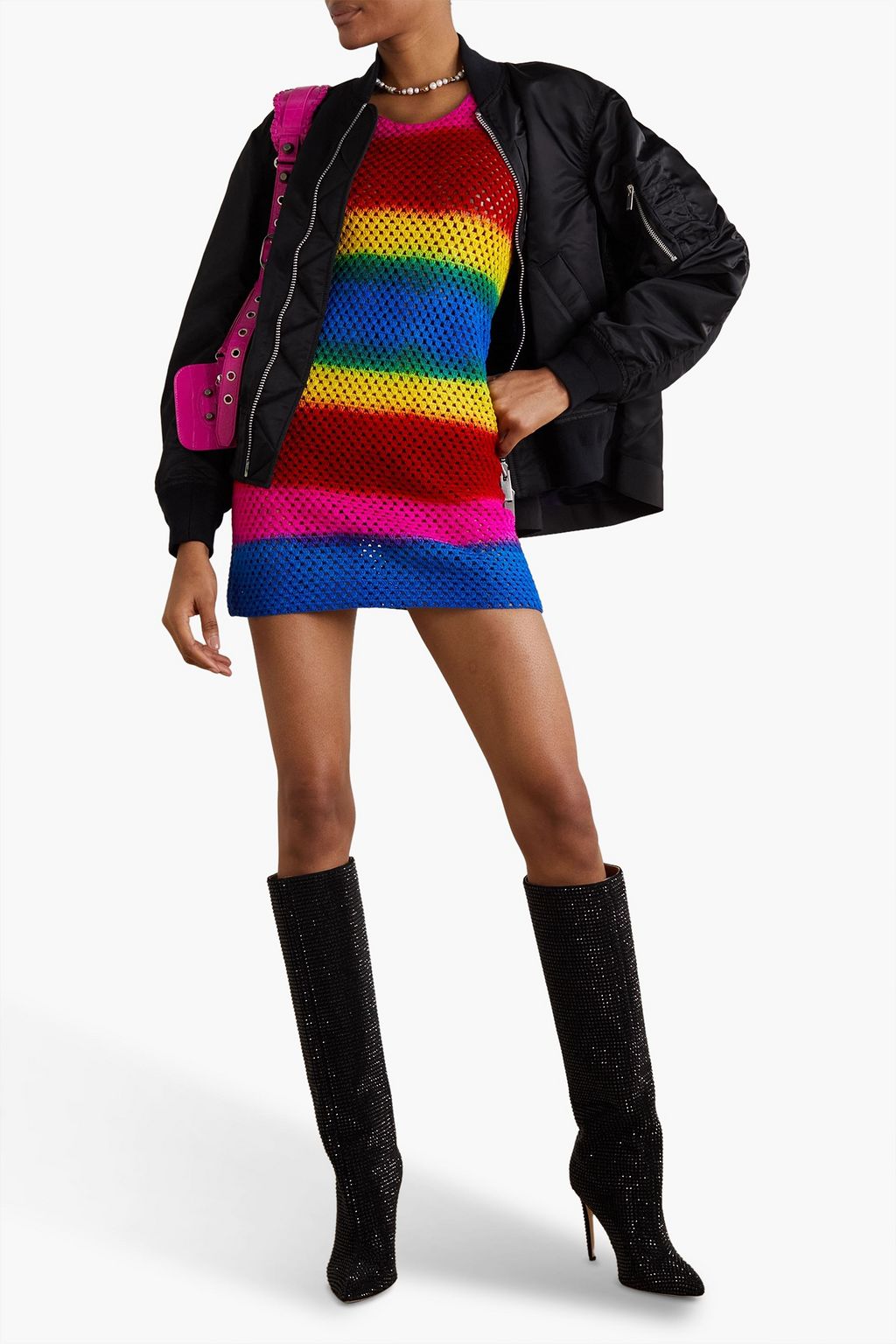 AGR Striped open-knit cotton mini dress