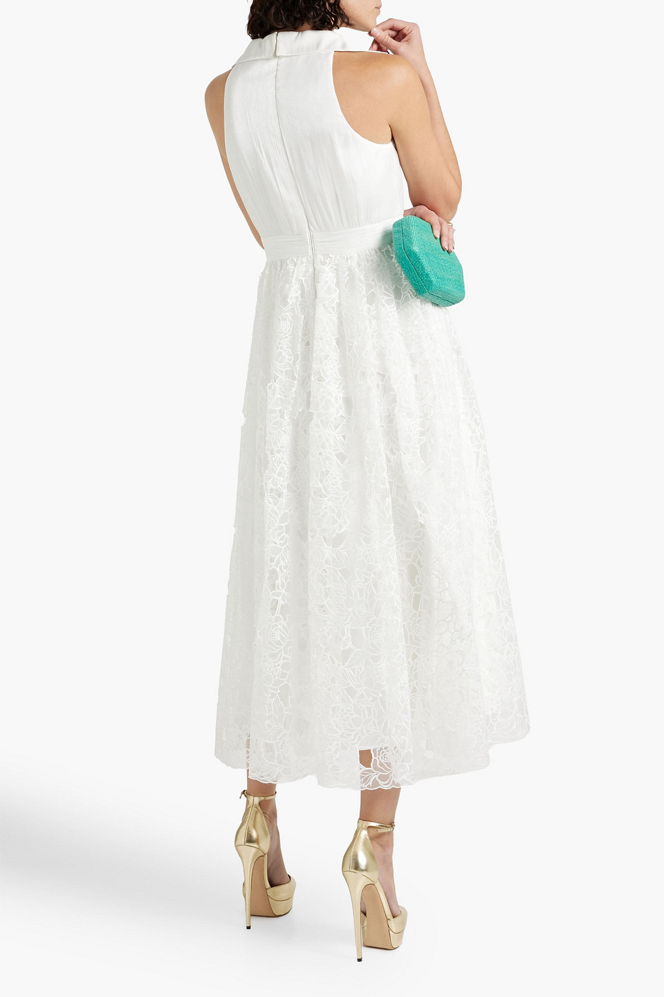 Shop Badgley Mischka Crepon-paneled Guipure Lace Midi Dress In White