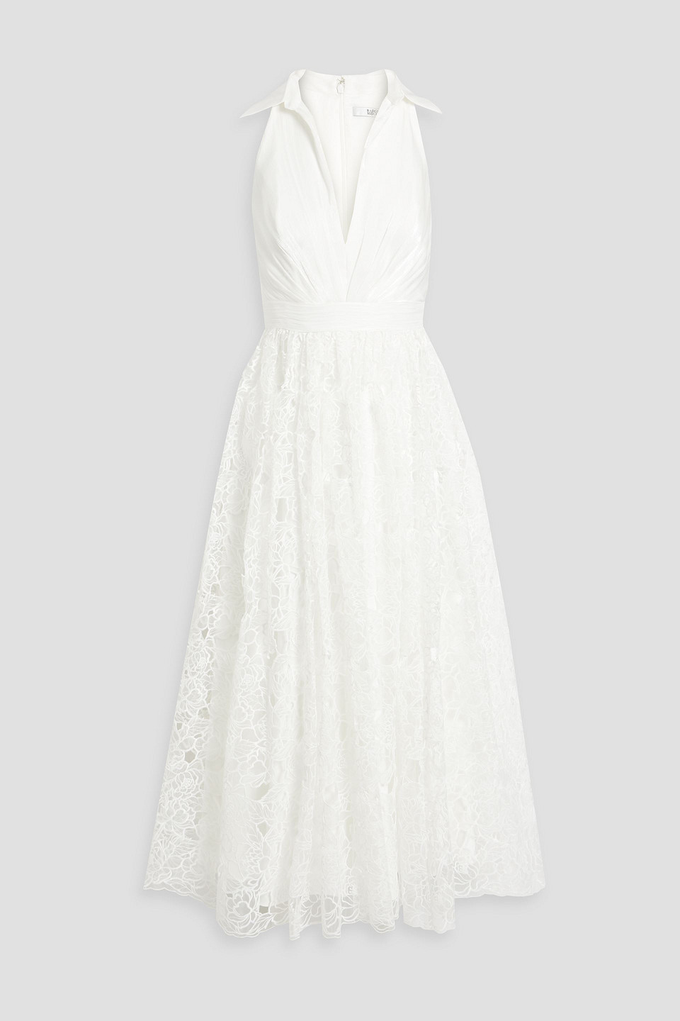 Badgley Mischka Crepon-paneled Guipure Lace Midi Dress In White