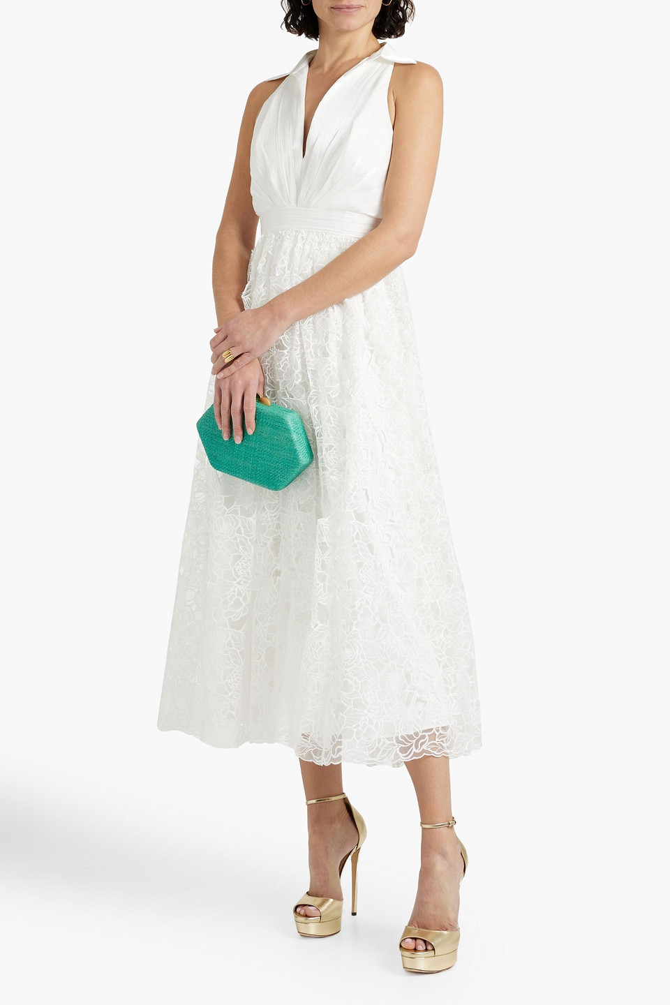 Shop Badgley Mischka Crepon-paneled Guipure Lace Midi Dress In White