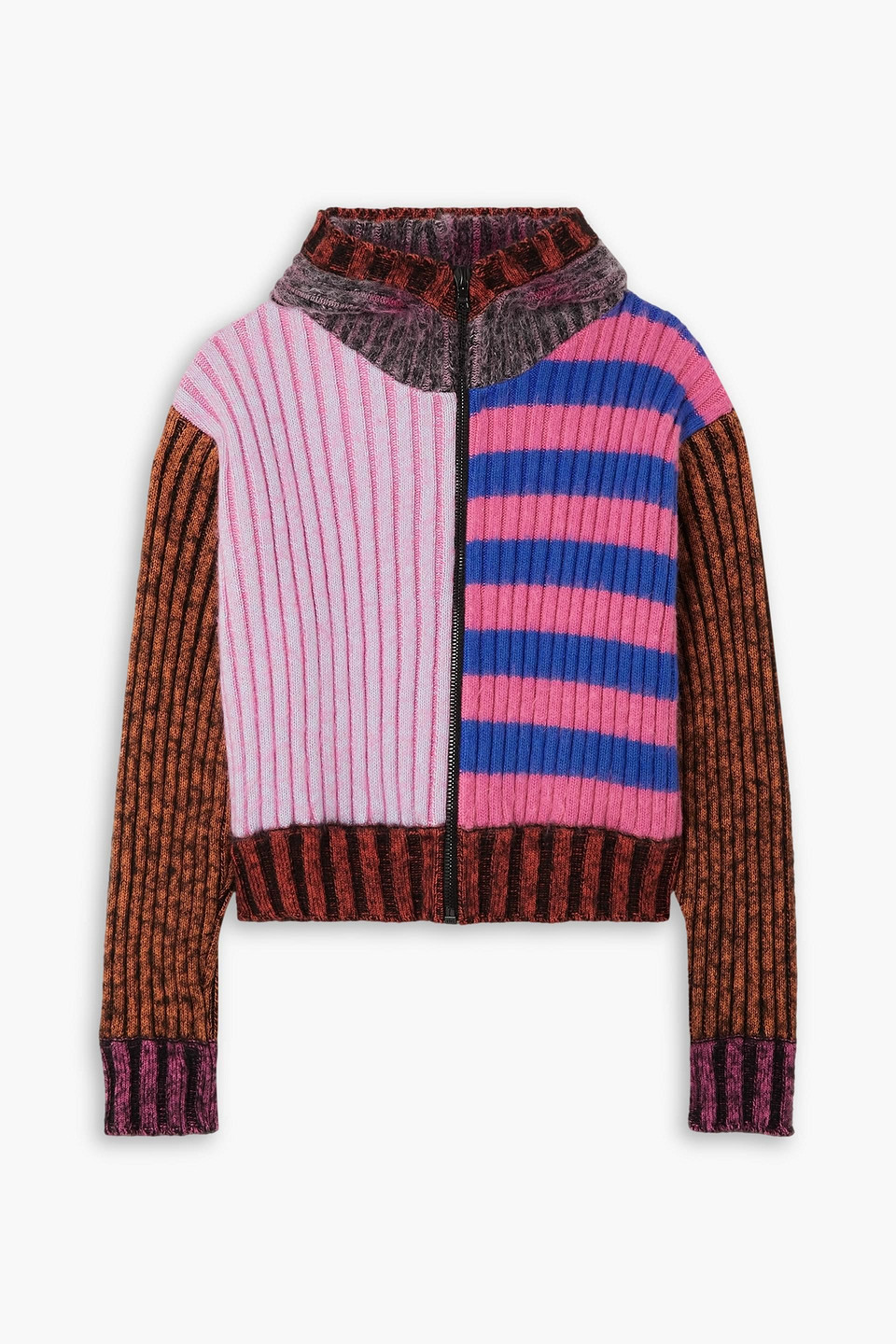 Agr Cropped Patchwork Striped Cotton-blend Hoodie In Pink