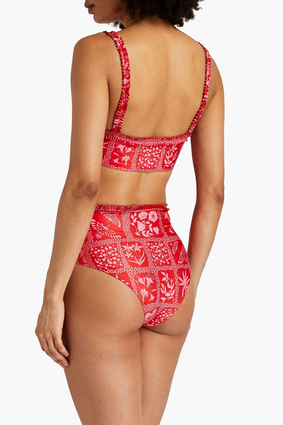 Shop Agua By Agua Bendita Nopal Ipanema Escarlata Ruffled Printed High-rise Bikini Briefs In Red