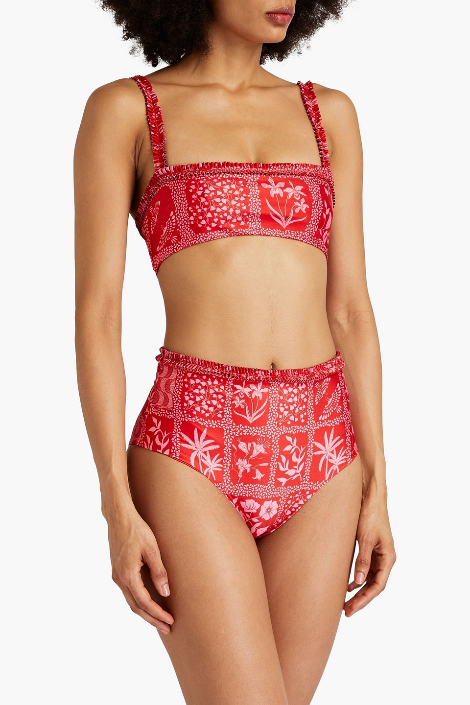 Shop Agua By Agua Bendita Nopal Ipanema Escarlata Ruffled Printed High-rise Bikini Briefs In Red