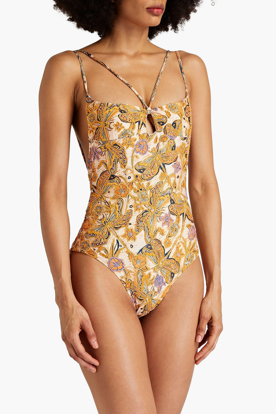 Agua By Agua Bendita Boliviana Bead-embellished Printed Halterneck Swimsuit In Marigold