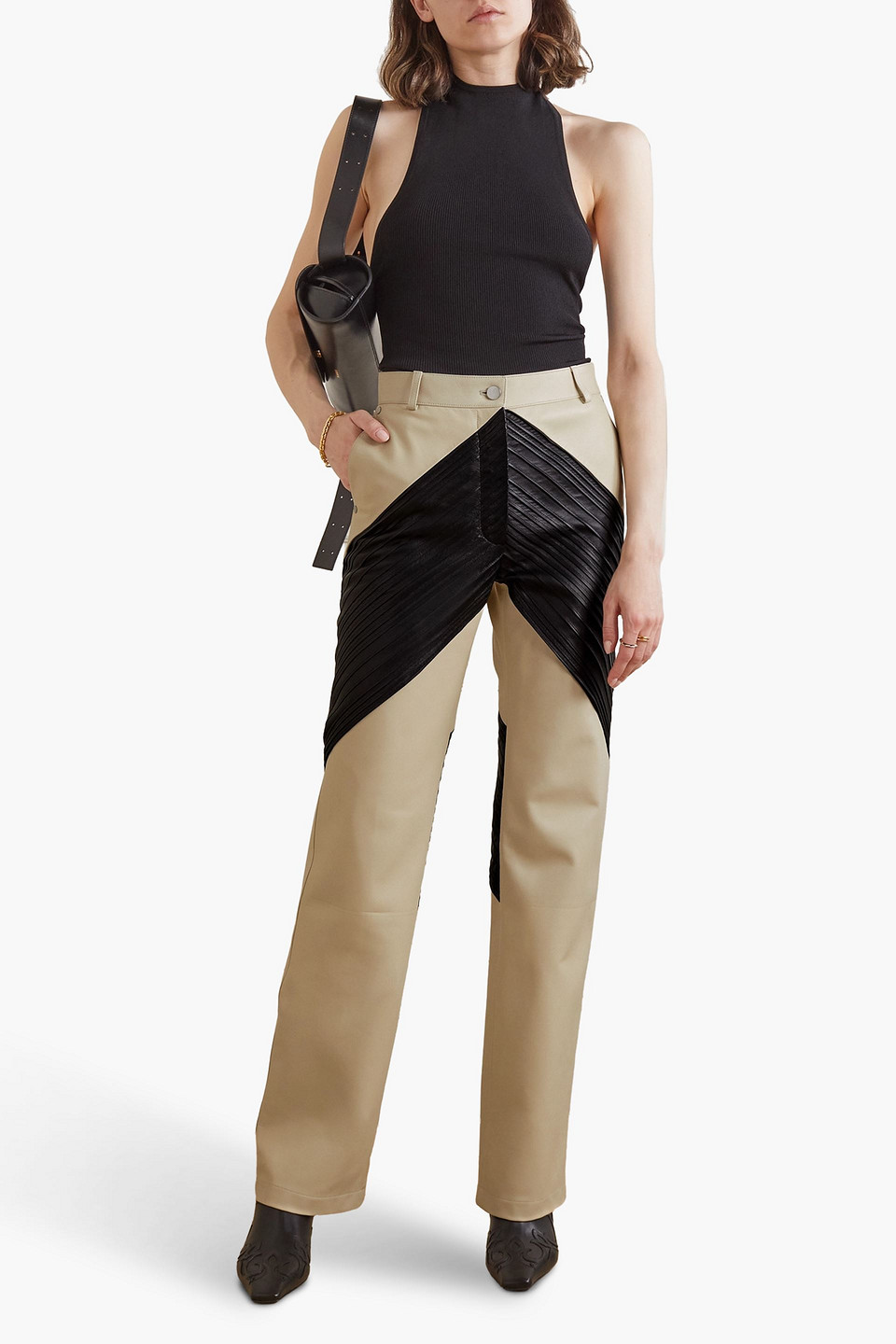 Shop Peter Do Two-tone Leather Straight-leg Pants In Cream