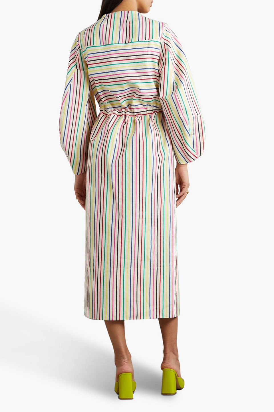 Shop Rosie Assoulin Vivella Gathered Striped Cotton And Linen-blend Midi Dress In Ivory