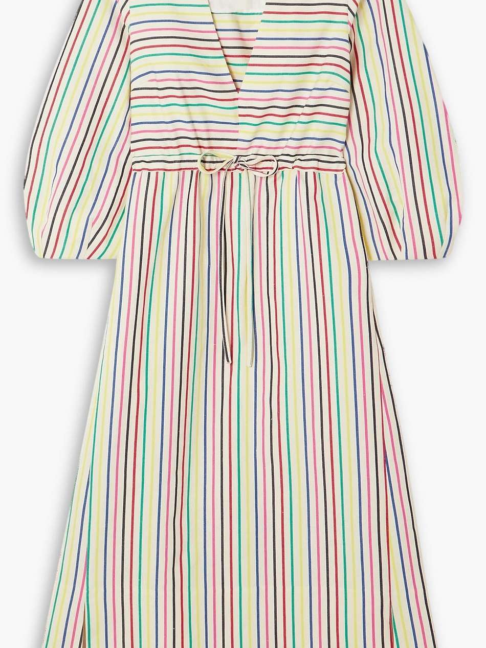vivella gathered striped cotton and linen-blend midi dress