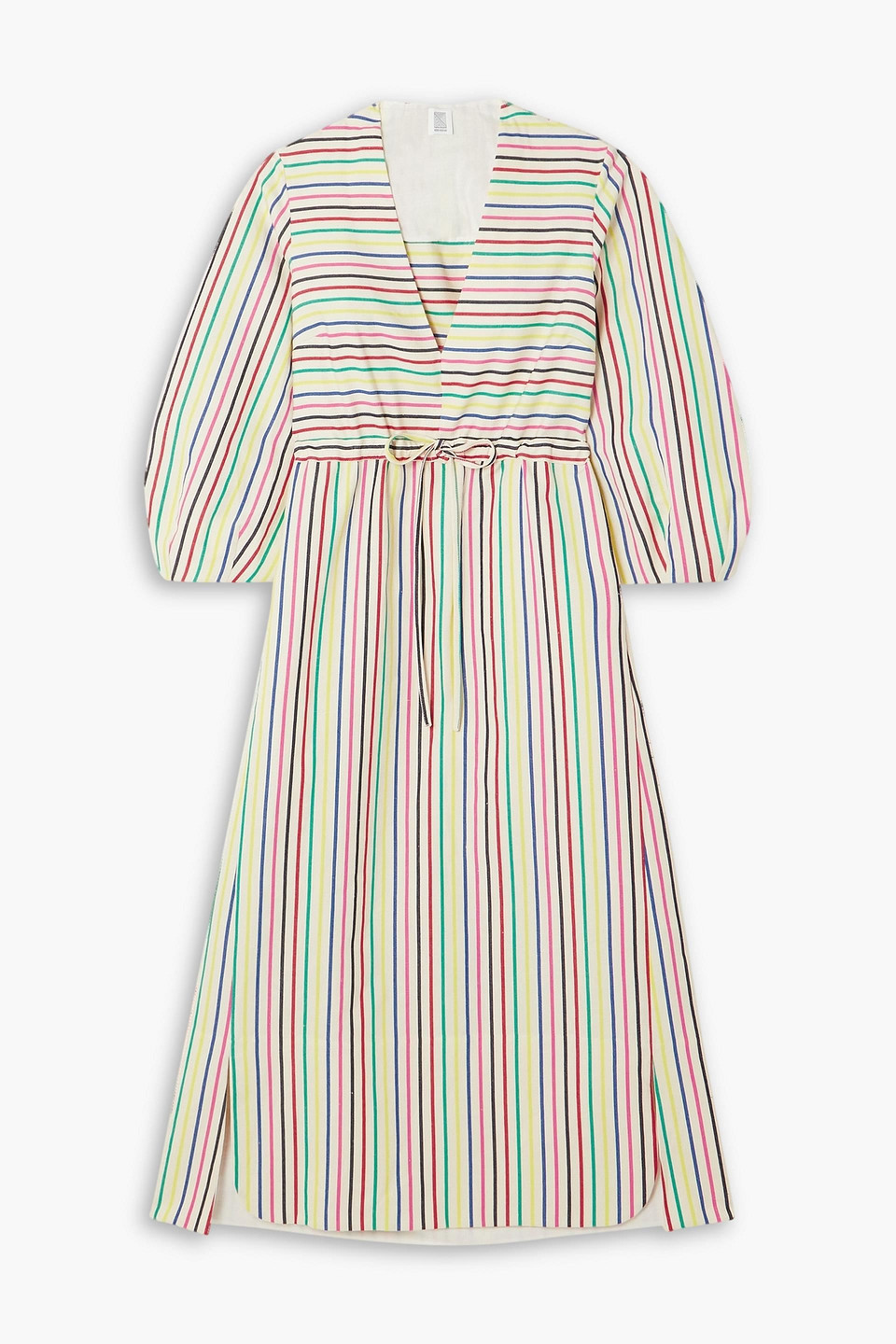 Rosie Assoulin Vivella Gathered Striped Cotton And Linen-blend Midi Dress In Ivory